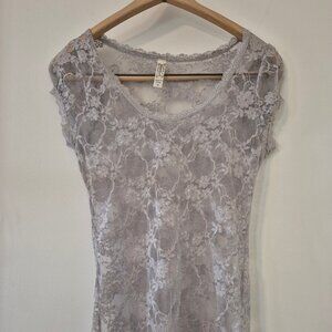 Sheer Mesh Floral Lace Top Cap Sleeve Gray Silver M Y2K Coquette Layering Fairy